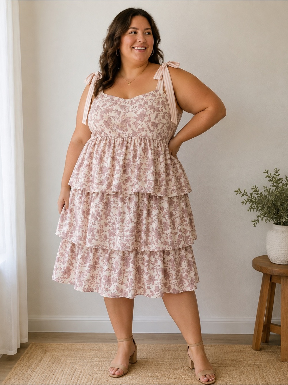 Lovelo Cream and Pink Floral Midi Dress